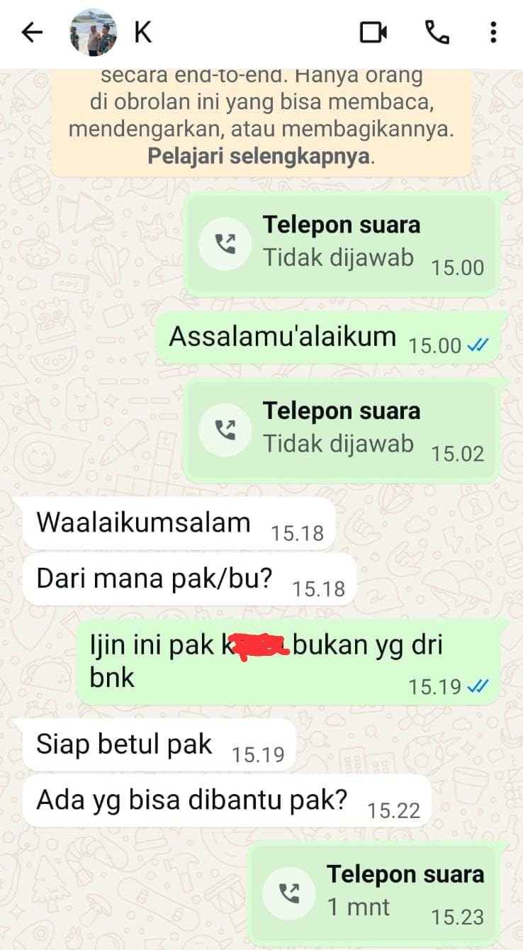 Photo gambar pesan saat konfirmasi melalui pesan Whatsapp kepada Oknum staf pegawai BNK Kabupaten Tangerang berinisial K, Rabu, 05/08/2026 pukul 15:00 WIB